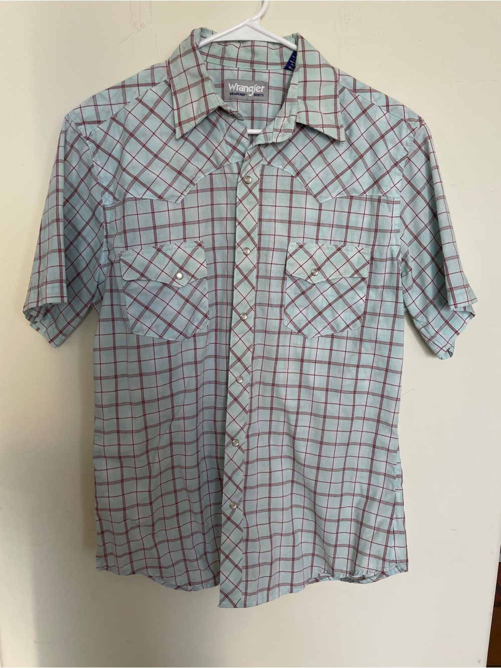 Wrangler Short Sleeve Plaid Button-Down Shirt - Light Blue and Red